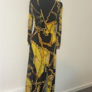 Elegant Black and Yellow Chain Print Dress